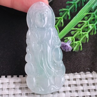 A货翡翠61.6 5老坑冰透起胶冰晴站观音吊坠翡翠玉观音挂件 27.2