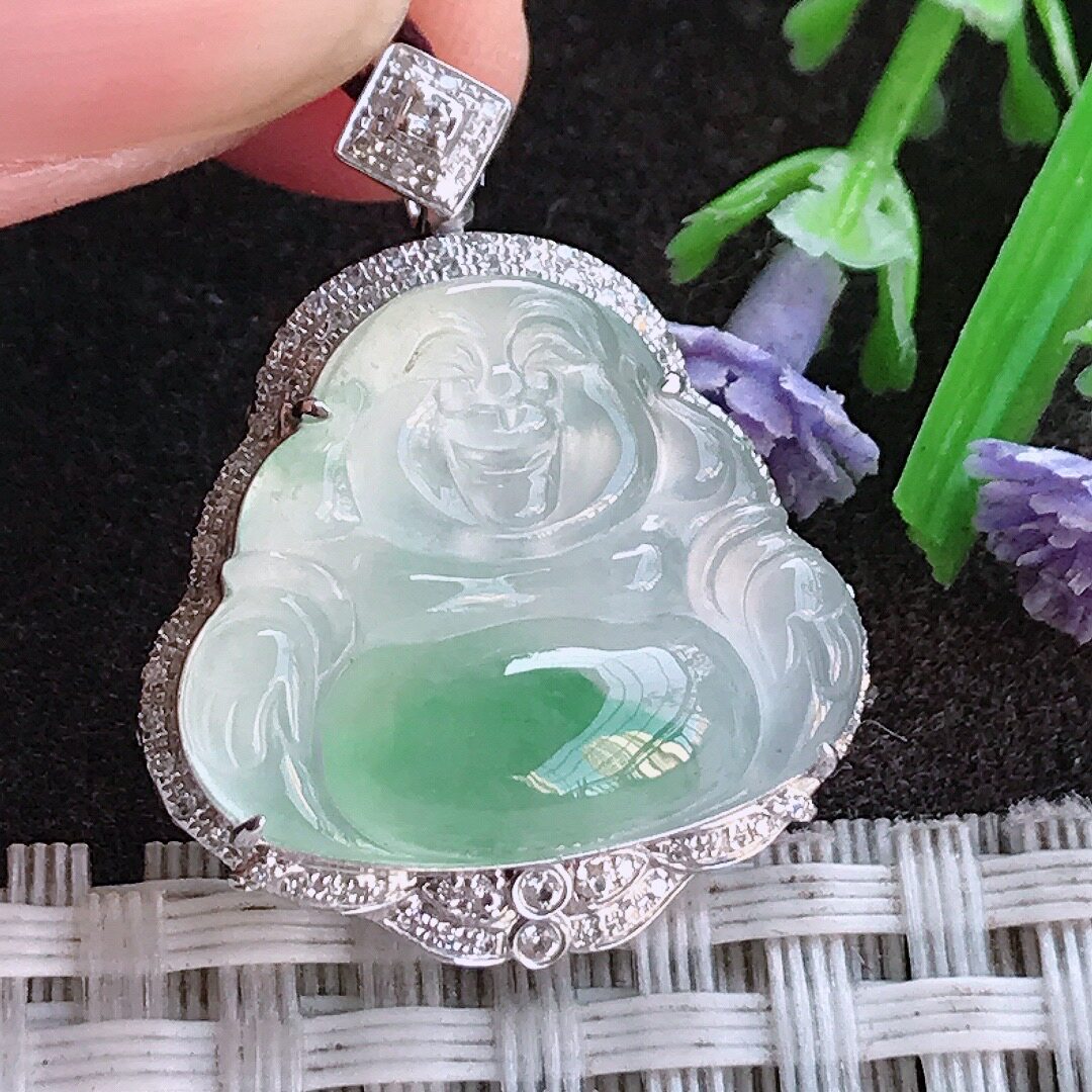 实拍A货翡翠28/22.2/8.9老坑18k金镶嵌冰种冰飘花佛公吊坠翡翠玉