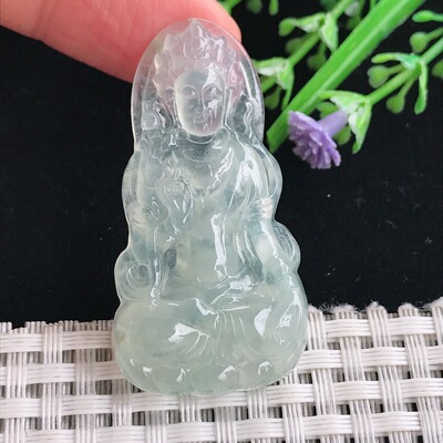 实拍A货翡翠46.3/24/5.1老坑冰种冰晴渡母菩萨吊坠翡翠挂件
