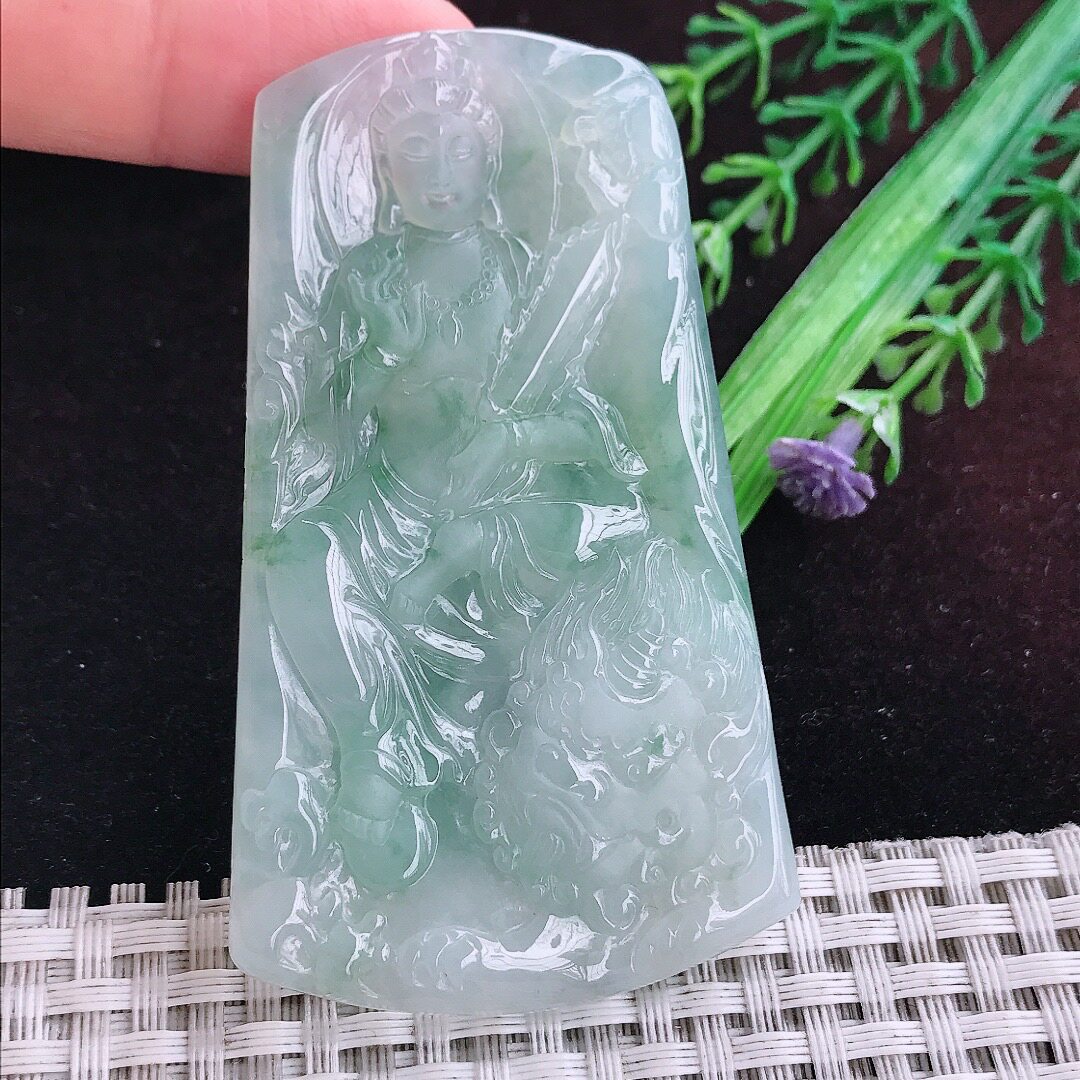 实拍A货翡翠70.5/42.8/5.7老坑冰润起胶冰飘花文殊菩萨吊坠翡翠玉