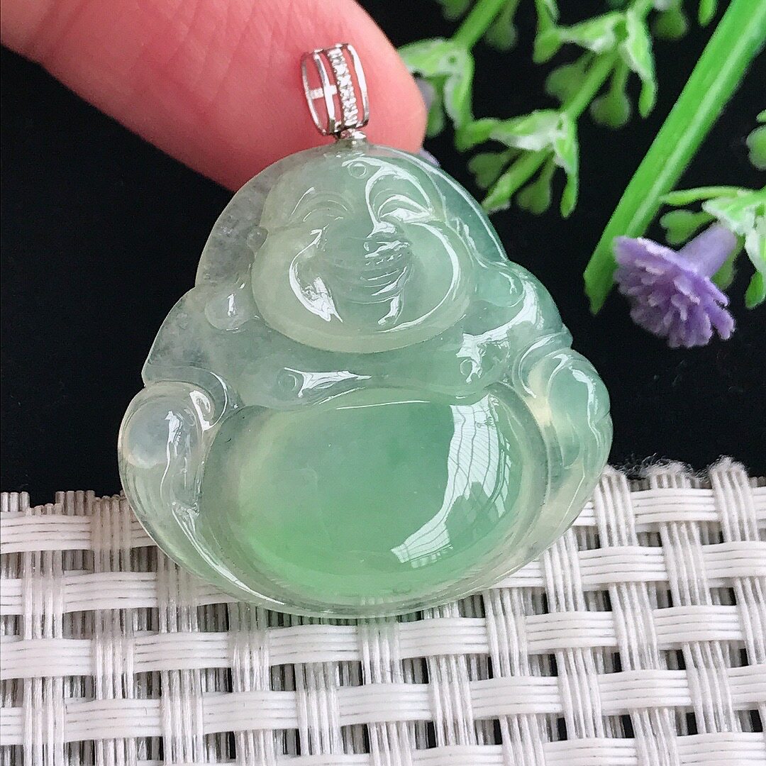 实拍A货翡翠30/31.6/6老坑18k金镶嵌冰晴甜绿佛公吊坠翡翠挂件