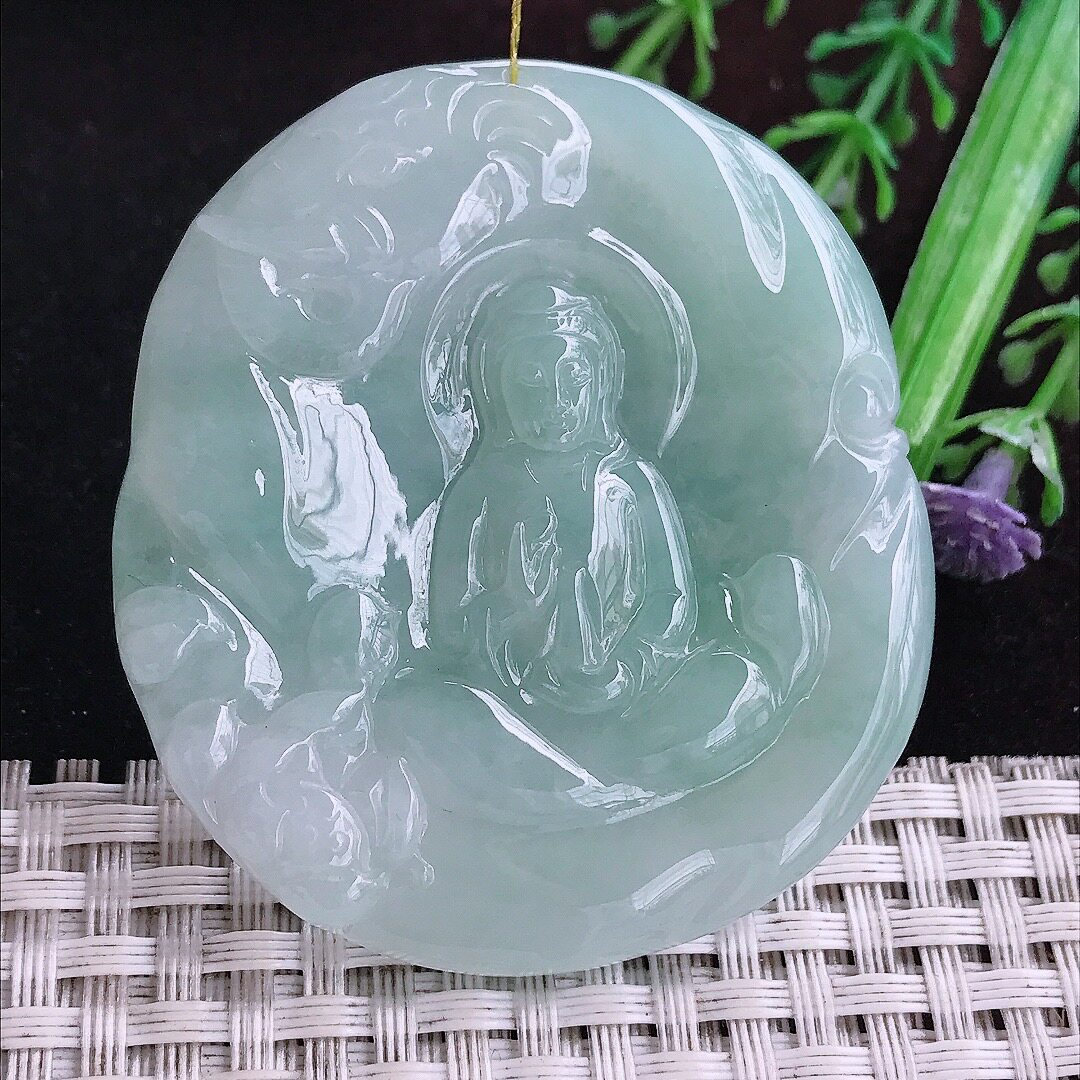 实拍A货翡翠53.8/48.7/5.5老坑冰润起胶晴底赐福观音吊坠翡翠玉坠