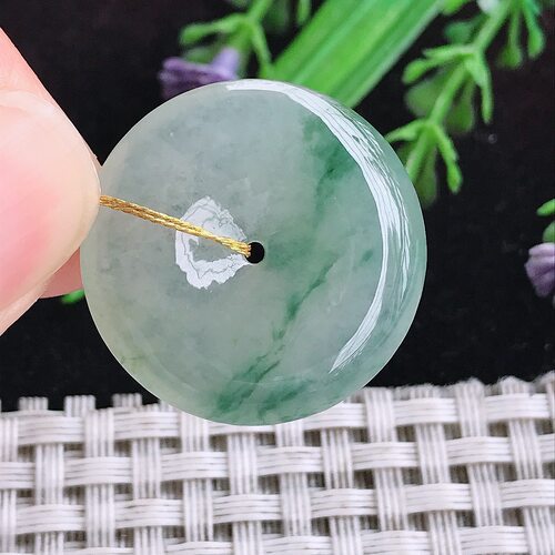 实拍A货翡翠24.9/4.8老坑冰种飘花平安扣吊坠翡翠玉扣挂件