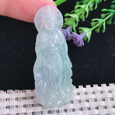 A货翡翠50/20.3/4.6小观音老坑冰胶果冻赐福观音吊坠翡翠玉牌挂件