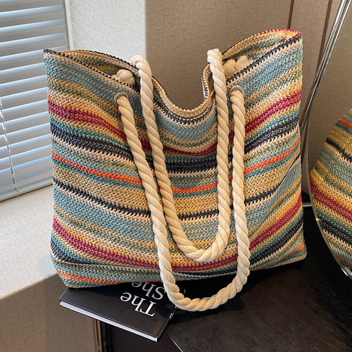 手工编织包包2026新款夏草编单肩包大容量通勤海边度假撞色托特包