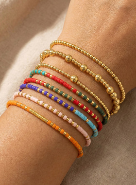彩虹色米珠叠戴手链套装金色隔珠手绳女款多层组合日常出行饰品