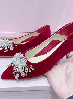 DFNI高跟鞋女款2025春季新款浅口珠花秀禾鞋红色婚鞋细跟新娘鞋