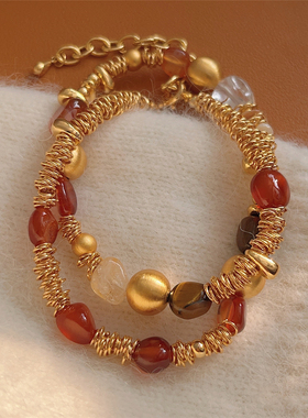 天然虎眼石复古美拉德风彩色石头精致小众设计感毛衣链国风项链女