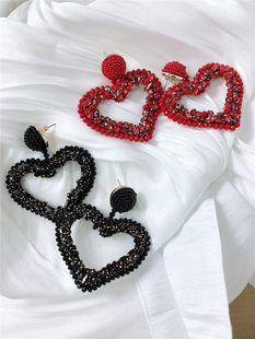 耳环 LONGBAOACC欧美纯手工串珠镂空爱心耳坠气质闪钻夸张个性 女