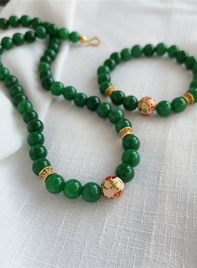 新中式绿色天然石手工串珠手链女百搭高级感小众简约国风绿色项链