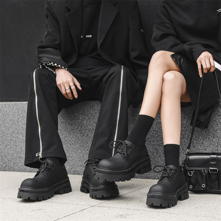 巴黎德比鞋情侣鞋厚底大头英伦皮鞋增高新款休闲圆头通勤皮鞋黑色