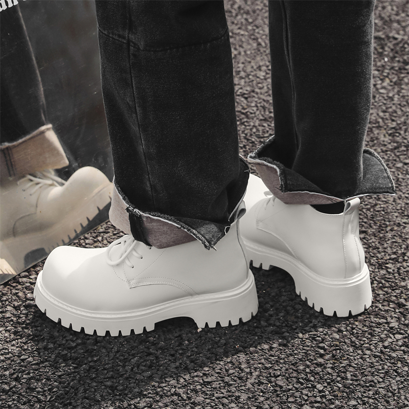 白色中帮马丁靴男厚底增高德比鞋