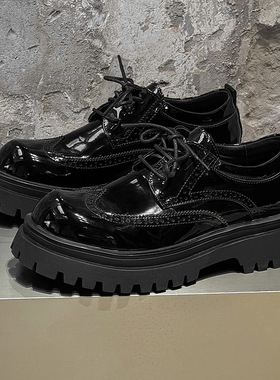 V05潮流低帮帅气布洛克黑色新款百搭皮鞋英伦风德比款商务皮鞋