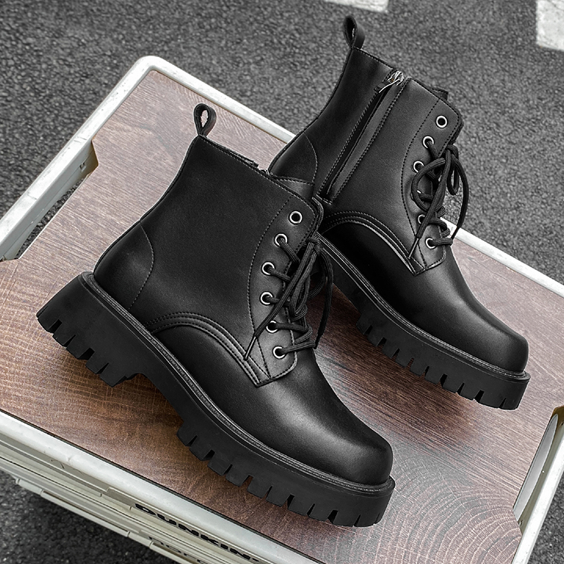 时尚马丁靴 侧拉链ins网红男靴 增高厚底系带皮靴 英伦风透气男鞋