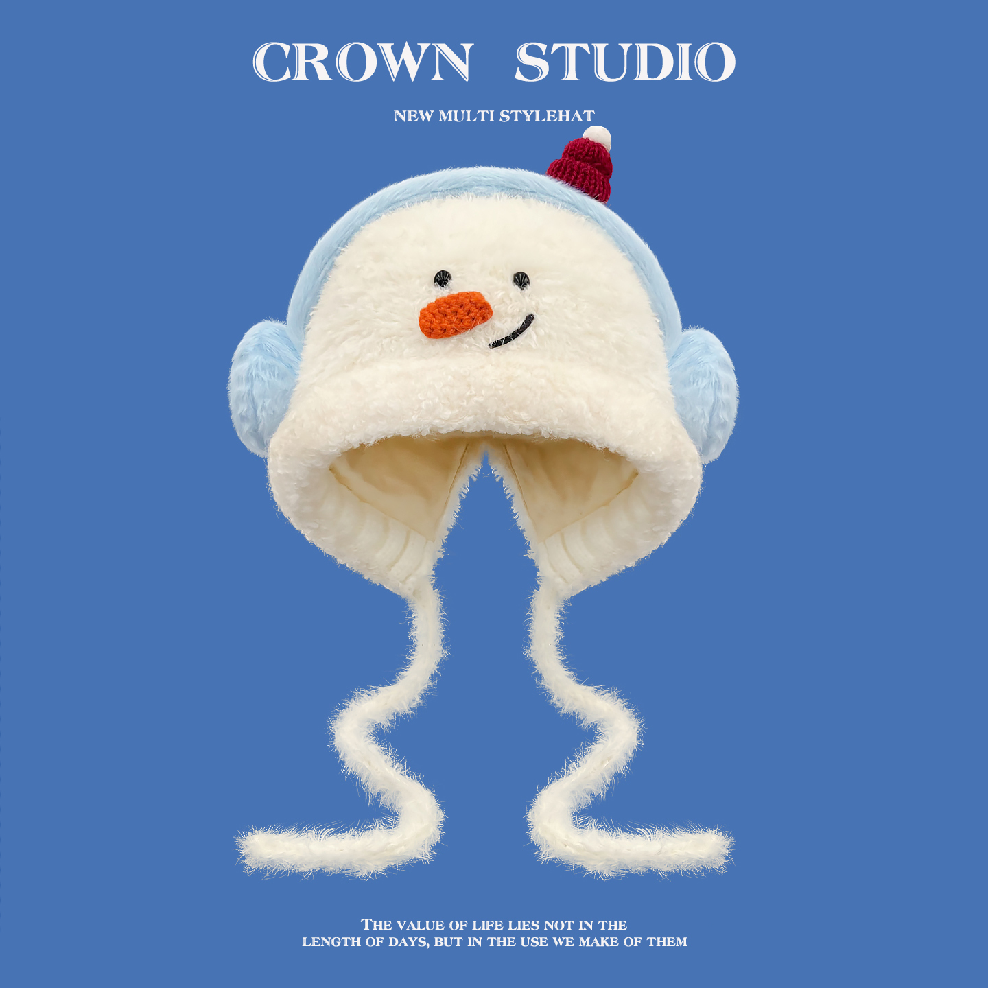 可爱雪人毛绒针织护耳帽女冬季