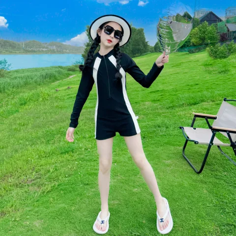 儿童泳衣女2025新款大童女孩长袖防晒游泳衣女童沙滩速干连体泳装