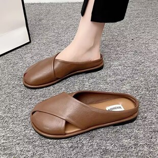 四季款韩版镂空包头半拖鞋女网红同款时尚休闲外穿平底法式女拖鞋