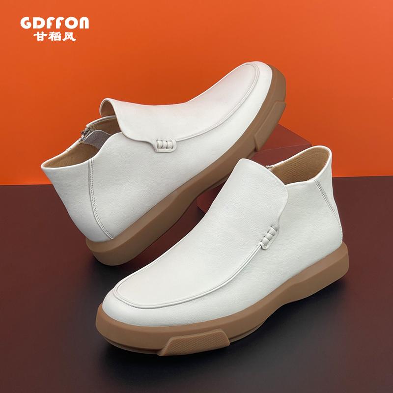 甘稻风秋冬季男士白色高帮皮鞋真皮头层牛皮软面皮厚底休闲皮靴子