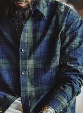 马登工装美式复古蓝绿色格子衬衫外套纯棉肌理感长袖薄款衬衣男秋