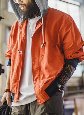 马登工装美式复古拼接撞色连帽夹克短薄款开衫橙色休闲外套男春季