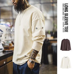 马登工装美式复古长袖T恤棉V领套头白色宽松垂感外穿卫衣男款春季