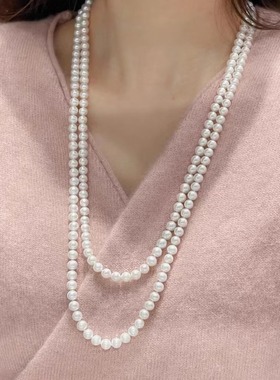 真珍珠项链女双层长款毛衣链高级感百搭时髦颈链精致独特配饰礼物