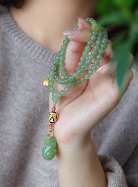 新中式天然和田玉毛衣链女长款绿玉石圆珠项链佛珠貔貅青玉吊坠