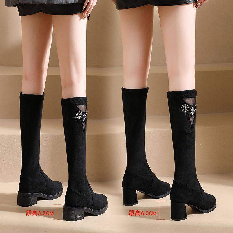 高筒靴女不过膝2025新款秋冬平底弹力靴女靴子加绒长靴粗跟长筒靴,女鞋,弹力靴/袜靴,淘宝优惠券,粉丝福利购,淘宝优惠卷