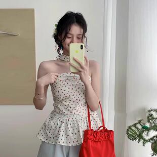 甜辣妹挂脖一字肩抹胸背心女夏季无袖外穿性感修身绝美碎花bm上衣