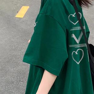 高街设计感小众宽松纯棉上衣 美式 复古vintage墨绿色短袖 t恤女夏季