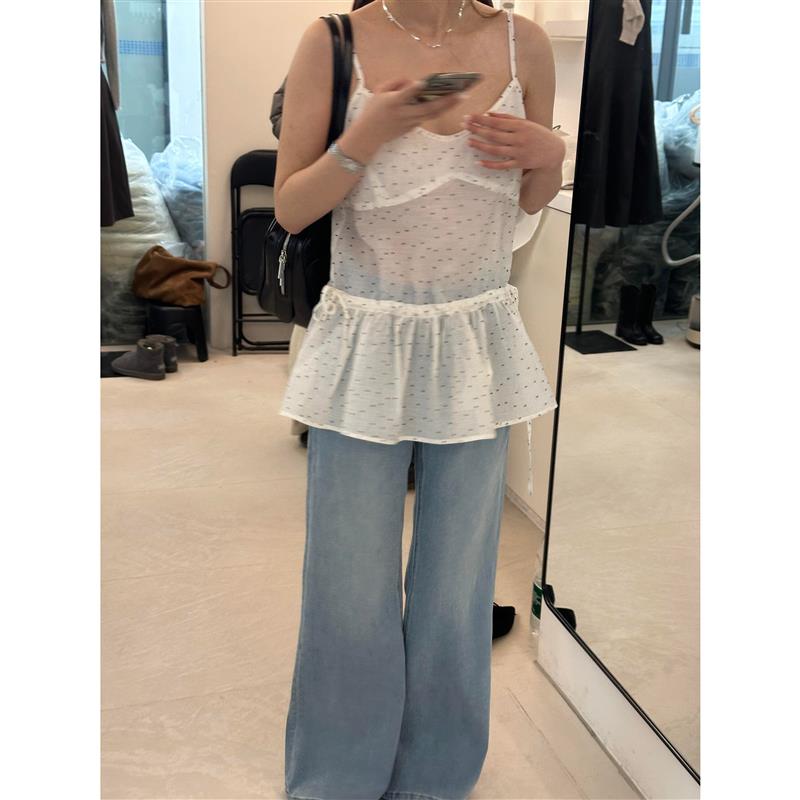 韩系甜美温柔风波点吊带背心女春夏氛围感叠穿抽绳裙摆无袖小上衣图片