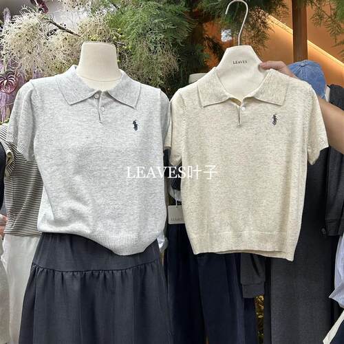 LEAVES叶子韩版polo领短袖针织上衣女秋季休闲百搭小马刺绣针织衫