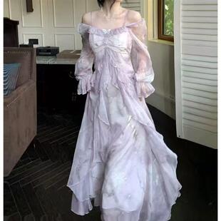 大码胖mm夏季新款法式温柔风一字肩荷叶边连衣裙气质仙气长袖裙子