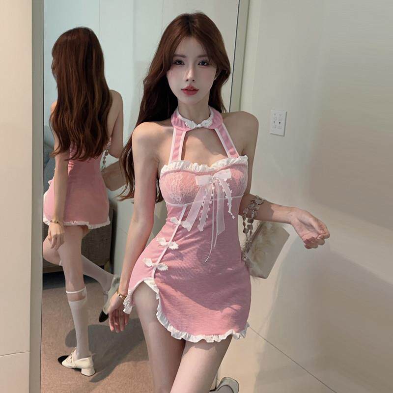 可爱纯欲无袖挂脖超短小个子粉色A字裙女夏蕾丝蝴蝶结修身连衣裙