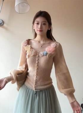 超仙绝美小众立体花朵刺绣针织开衫女早秋甜美可爱百搭超好看上衣