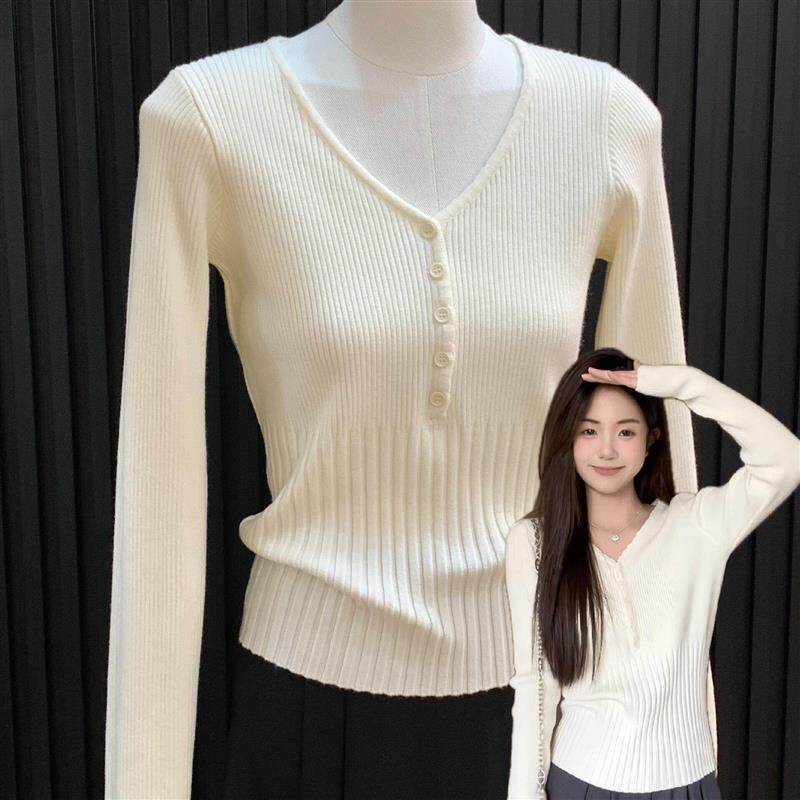 韩系气质减龄v领纽扣门禁针织衫上衣女超好看内搭修身软糯打底衫