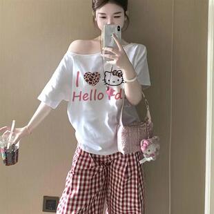 宽松慵懒流行斜肩上衣 夏季 甜辣凯蒂猫印花露肩短袖 t恤女2025新款