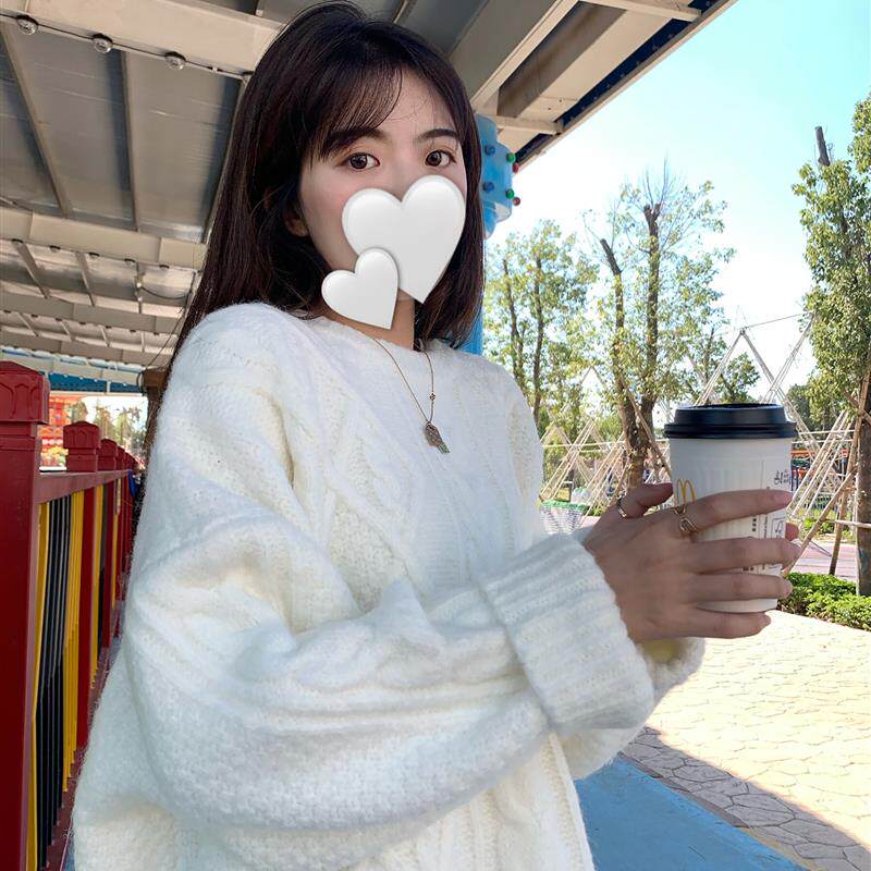 2024秋冬新款白色加厚麻花针织套头毛衣宽松外穿韩版慵懒风上衣女