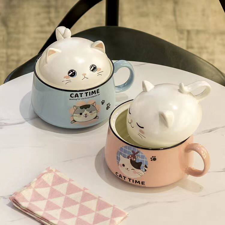 安维娜猫咪盖碗泡面可爱陶瓷少女宿舍学生办公室大容量创意把手