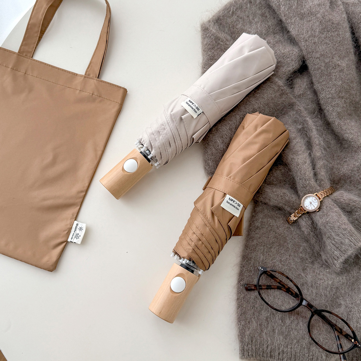 haru 日系木制伞柄晴雨伞两用三折全自动防晒加大加固折叠遮阳伞