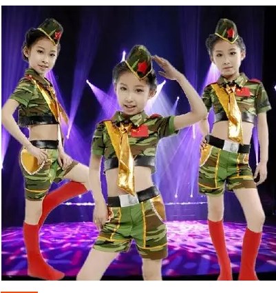 新款儿童演出服迷彩酷娃舞蹈服兵娃娃幼儿舞台装弹力小军装表演服