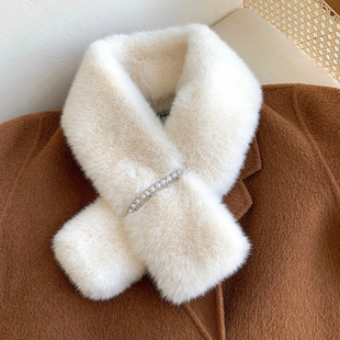 ins风珍珠水钻交叉毛领围脖毛绒绒甜美名媛风纯色毛毛围巾仿皮草