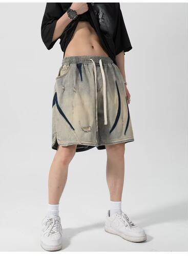 黄泥色做旧牛仔短裤男水洗潮牌美式复古宽松街头嘻哈破洞五分裤子
