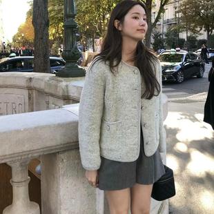 现货 韩国东大门ounce复古甜美气质小香风圆领毛呢短外套显瘦