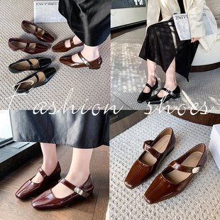 潮鞋 小法式 玛丽珍小皮鞋 复古通勤粗跟方头浅口单鞋 女中跟春秋新款