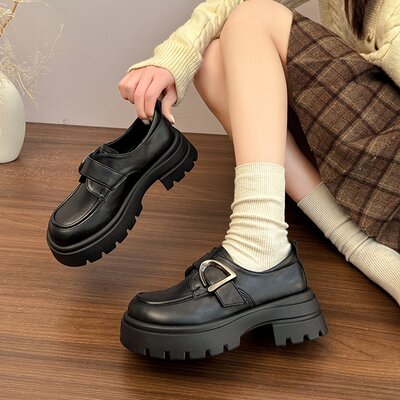 黑色单鞋子一脚蹬英伦风小皮鞋