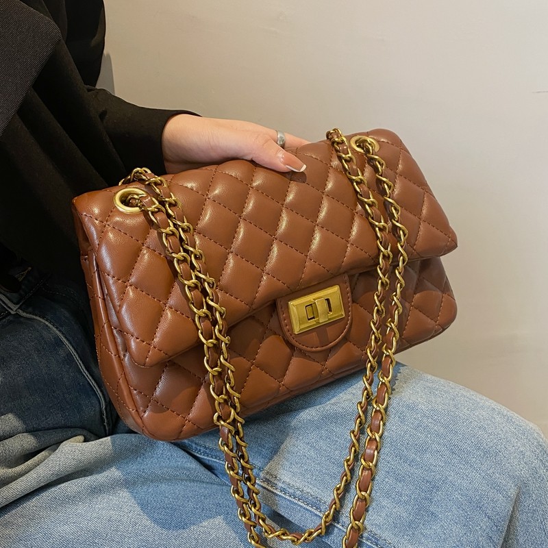 法国ZAMP女包小众菱格绣线大容量2023新款链条斜挎时尚单肩小方包