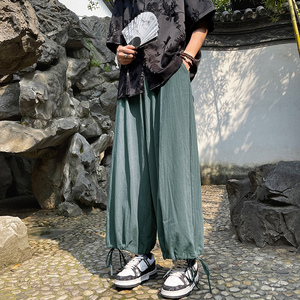 日系亚麻阔腿裤子男oversize卡其色夏薄款宽松冰丝棉麻山本灯笼裤图片