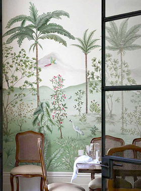 式中国风中古风花鸟丛林壁画