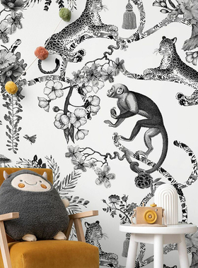 瑞典原装进口定制壁画 Chinoiserie Whimsy 中法式 猴子豹子壁纸